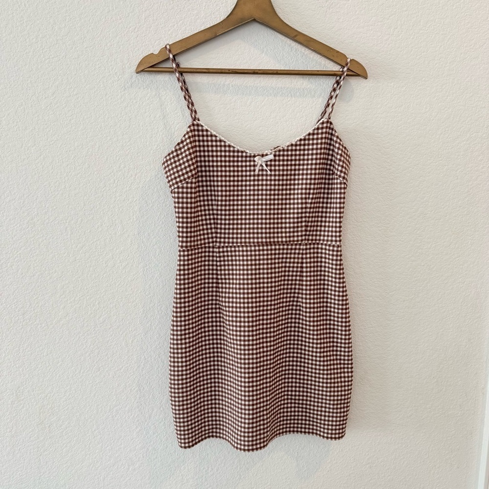 Urban Outfitters- Tahoe Stretch Gingham Brown Mini Dress- Size M